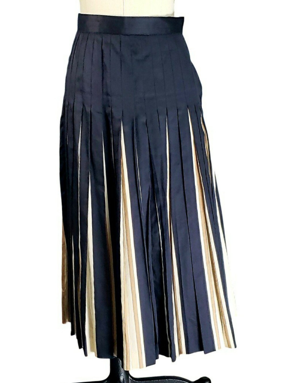 Vtg Loft Peek-a-boo Pleated Midi Skirt Cream Tan Panels Cotton Sateen Career 10